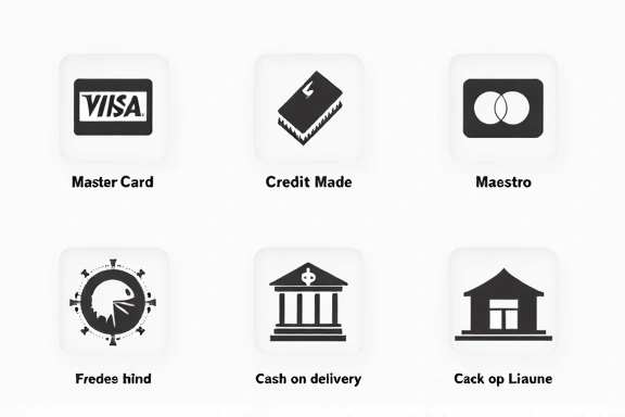 Payment methods icons including credit cards and cash
